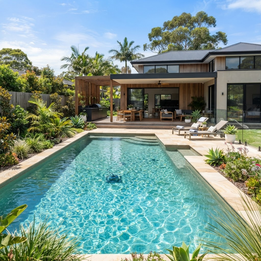 A clean domestic backyard swimming pool with crystal clear water