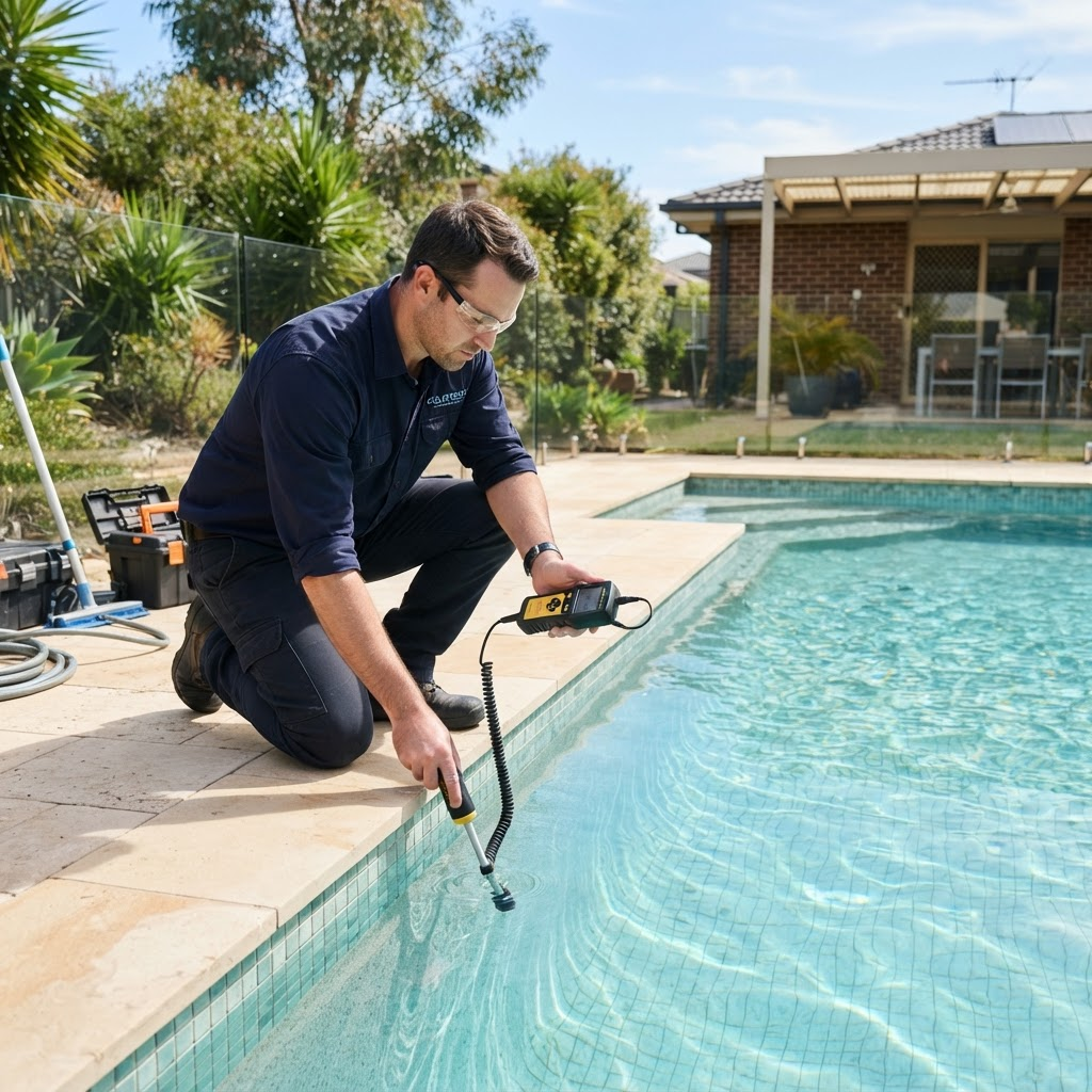 An ATLD technician using leak detection equipment beside a swimming pool